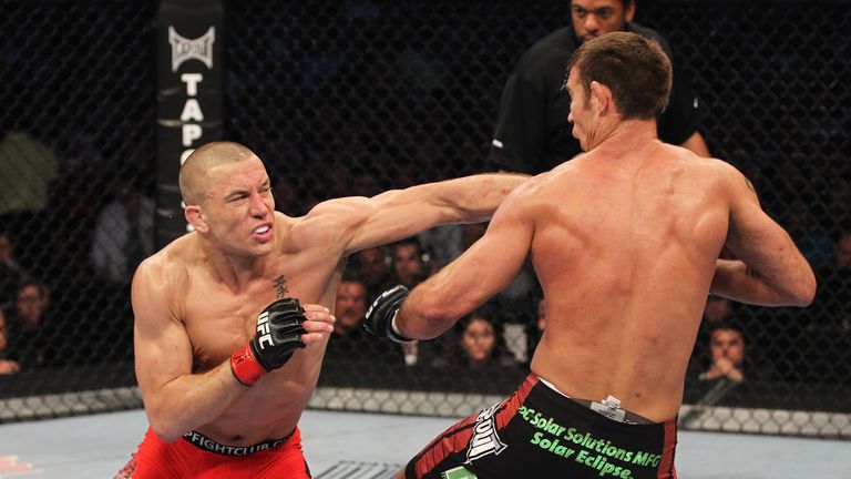 Georges St-Pierre v Jake Shields during their Welterweight Championship bout at UFC 129