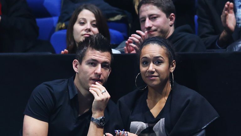 Heather Watson of Great Britain watches the men's singles match between Novak Djokovic of Serbia and Juan Martin Del Potro of Argentina during day four of the Barclays ATP World Tour Finals at O2 Arena