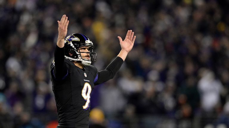 Justin Tucker #9 of the Baltimore Ravens celebrates after making a field goal in the fourth quarter of an NFL game against the Pittsburgh Steelers at M&T Bank Stadium on November 28, 2013 in Baltimore, Maryland.