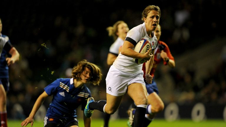Katy McLean of England breaks through to score a try during the International match between England Women v France Women at Twickenham Stadium on November 9, 2013 in London, England