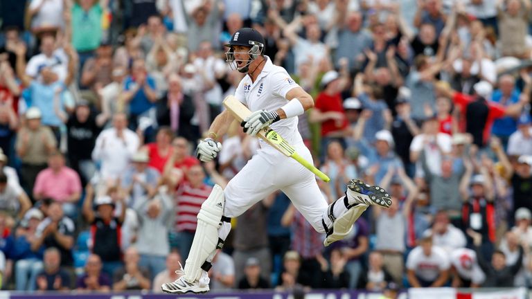 England's Kevin Pietersen celebrates after reaching 100 runs not out on day 3 of the second international test cricket match between England and South Africa at the Headingley Carnegie stadium in Leeds on August  4, 2012