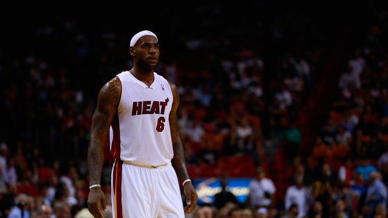 LeBron James #6 of the Miami Heat looks on during a game against the Washington Wizards at American Airlines Arena on November 3, 2013 in Miami, Florida. 