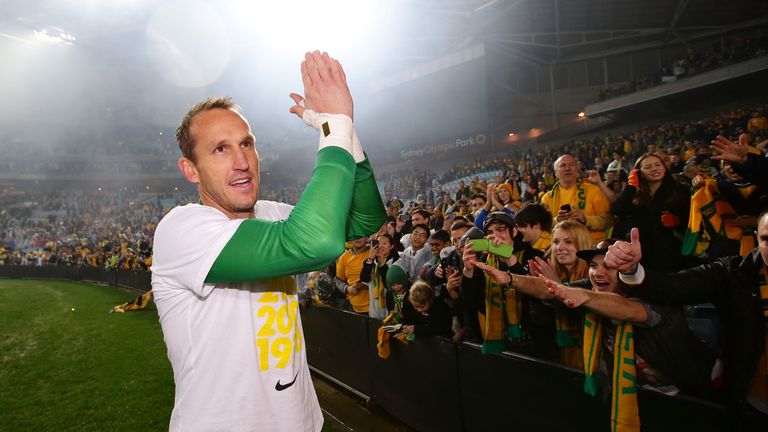 SYDNEY, AUSTRALIA - JUNE 18:  Mark Schwarzer of the Socceroos celebrates with fans after the FIFA 2014 World Cup Asian Qualifier match between the Australian Socceroos and Iraq at ANZ Stadium on June 18, 2013 in Sydney, Australia.  (Photo by Matt King/Getty Images)