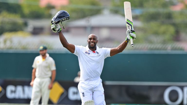 England batsman Michael Carberry celebrates scoring his century against Australia A during their tour match at the Bellerive Oval in Hobart on November 6, 2013.  