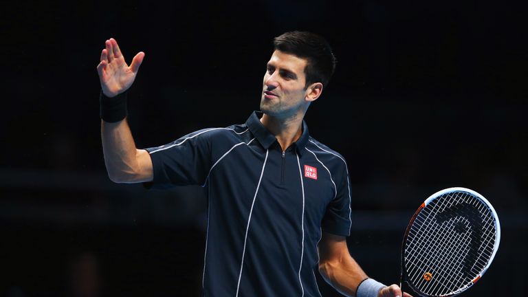 Novak Djokovic gestures in his men's singles match against Juan Martin Del Potro of Argentina during day four of the Barclays ATP World Tour Finals at O2 Arena