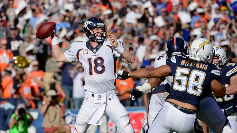 Peyton Manning #18 of the Denver Broncos throws the ball against the San Diego Chargers during their game on November 10, 2013 at Qualcomm Stadium in San Diego, California. 