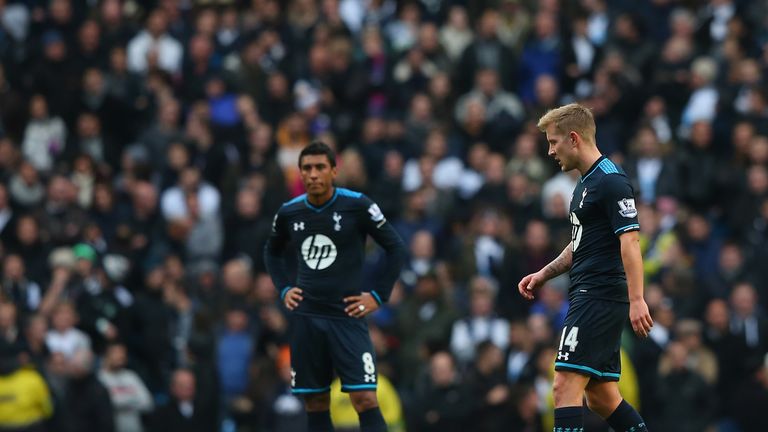 Tottenham duo Lewis Holtby and Paulinho look on after conceding the second goal against Manchester City.