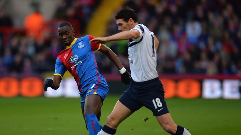 = Gareth Barry of Everton battles with Yannick Bolasie of Palaceduring the Barclays Premier League match between Crystal Palace and Everton at Selhurst Park.