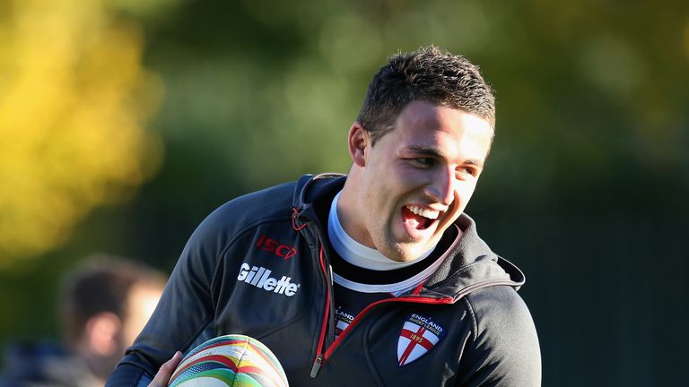 Sam Burgess runs with the ball during the England training session held at Loughborough University on November 19, 2013 in Loughborough, England.  