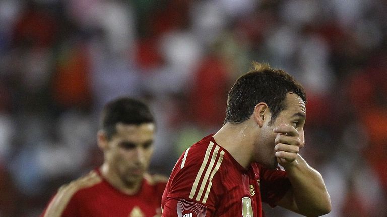Spain's midfielder Santi Cazorla celebrates after scoring the opener in the friendly against Equatorial Guinea.