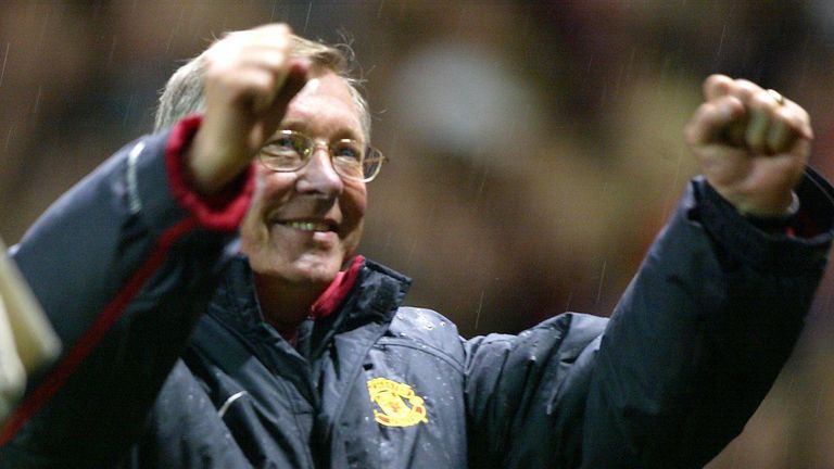 Manchester United manager Sir Alex Ferguson celebrates his teams 2-0 victory against Arsenal in the Barclays Premiership match at Old Trafford, Manchester.   THIS PICTURE CAN ONLY BE USED WITHIN THE CONTEXT OF AN EDITORIAL FEATURE. NO WEBSITE/INTERNET USE UNLESS SITE IS REGISTERED WITH FOOTBALL ASSOCIATION PREMIER LEAGUE. 