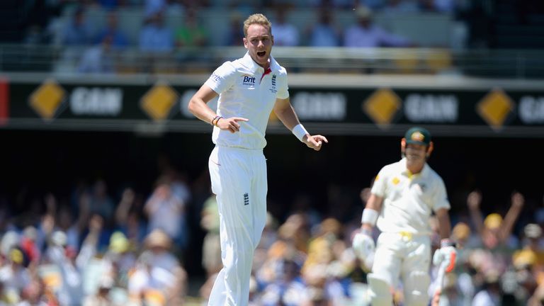 Stuart Broad of England celebrates dismissing Chris Rogers of Australia during day one of the first Ashes Test  at The Gabba