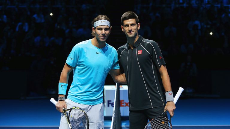 Rafael Nadal (L) of Spain and Novak Djokovic of Serbia pose prior to their men's singles final match during day eight of the Barclays ATP World Tour Finals at O2 Arena on November 11, 2013 in London, England