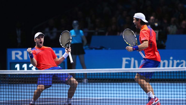 David Marrero (L) and Fernando Verdasco of Spain celebrate victory in their men's doubles match against Leander Paes of India and Radek Stepanek of the Czech Republic during day three of the Barclays ATP World Tour Finals at O2 Arena on November 6, 2013 in London, England