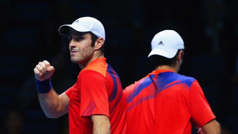 David Marrero (L) of Spain celebrates a point with partner Fernando Verdasco in their men's doubles final match against Bob and Mike Bryan of the United States during day eight of the Barclays ATP World Tour Finals at O2 Arena on November 11, 2013 in London, England