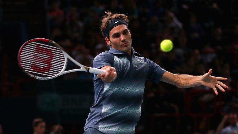 Roger Federer in action against Juan Martin Del Potro during day five of the BNP Paribas Masters