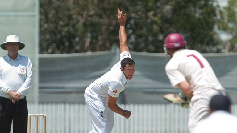 Tim Bresnan bowling for the England Performance Programme against Queensland 2nd XI at Allan Border Field. November 28, 2013.