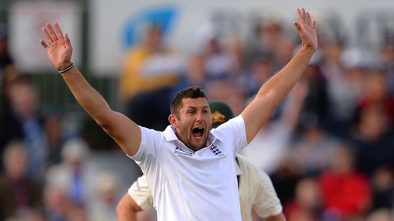 England's Tim Bresnan celebrates after claiming the wicket of Australia's Shane Watson during the fourth day of the fourth Ashes cricket test match between England and Australia at the Durham cricket ground in Durham, north-east England, on August 12, 2013. 