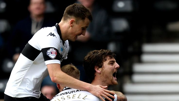 Chris Martin: Celebrations as the Derby County striker netted a hat-trick