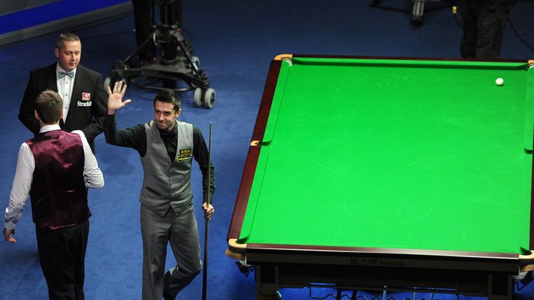 Mark Selby celebrates the 100th maximum break in tournament snooker history