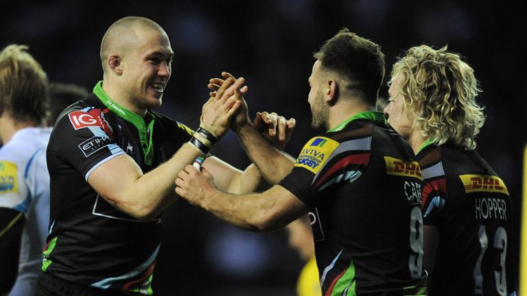 Mike Brown celebrates his try with Harlequins team-mates