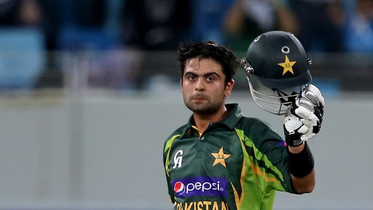 Ahmed Shahzad of Pakistan celebrates after reaching his century during the second one-day international against Sri Lanka in Dubai