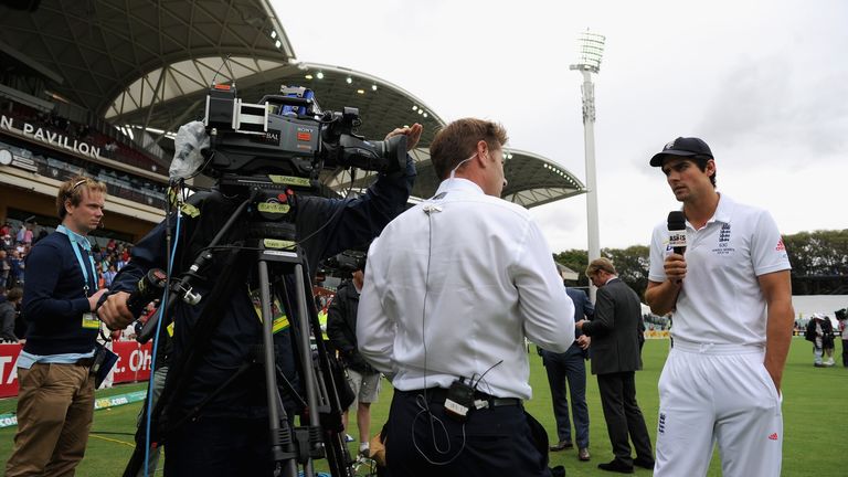 Sky Sports presenter Ian Ward speaks with England captain Alastair Cook after day five of Second Ashes Test Match against Australia in Adelaide