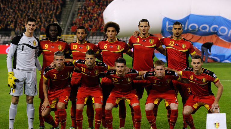BRUSSELS, BELGIUM - OCTOBER 15:  The Belgium team line up prior to the FIFA 2014 World Cup Qualifying Group A match between Belgium and Wales at King Baudo