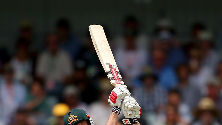 George Bailey of Australia hits a six during day four of the Third Ashes Test Match between Australia and England at the WACA. Dec 16 2013.