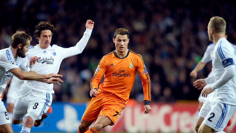 Thomas Delaney of FC Copenhagen and Cristiano Ronaldo of Real Madrid vie for the ball