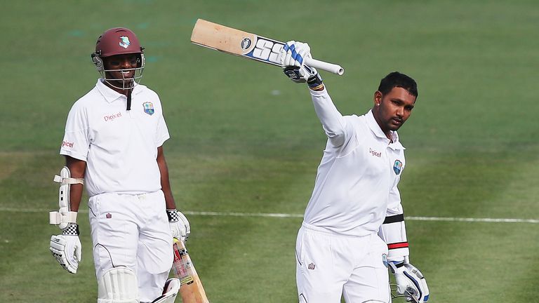 Denesh Ramdin of the West Indies celebrates after scoring a century during day one of the Third Test match between New Zealand