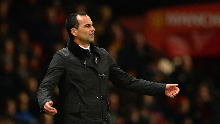 Everton Manager Roberto Martinez reacts during the Barclays Premier League match between Manchester United and Everton 