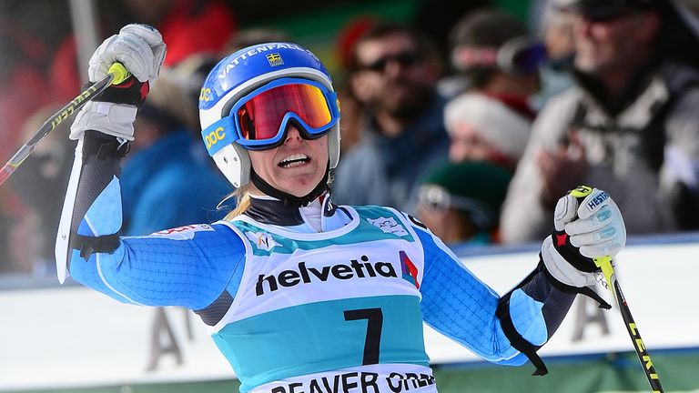 Sweden's Jessica Lindell-Vikarby reacts after crossing the finish line to win the women's giant slalom at the FIS Ski World Cup in Beaver Creek, Colorado