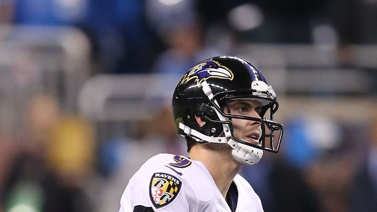 Justin Tucker #9 of the Baltimore Ravens kicks a game winning 61 yard field goal against the Detroit Lions