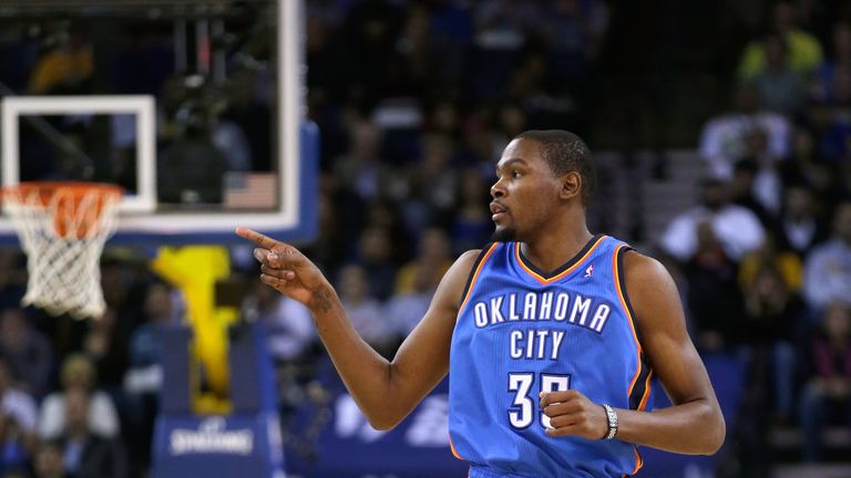 Kevin Durant #35 of the Oklahoma City Thunder reacts during their game against the Golden State Warriors at ORACLE Arena