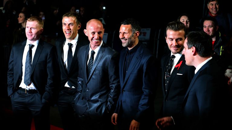 Left to right. Paul Scholes, Phil Neville, Nicky Butt, Ryan Giggs, David Beckham and Gary Neville arriving for the world premiere of The Class of 92 at the Odeon Leicester Square, central London.