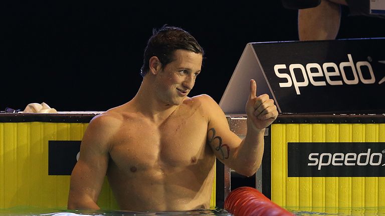 Michael Jamieson of Great Britain gives the thumbs up after competing in the Men's 200m Breaststroke during Duel In The Pool. Dec 20 2013.