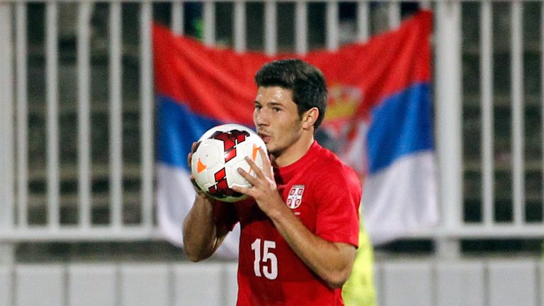 Milos Jojic of Serbia celebrates his goal against Japan.