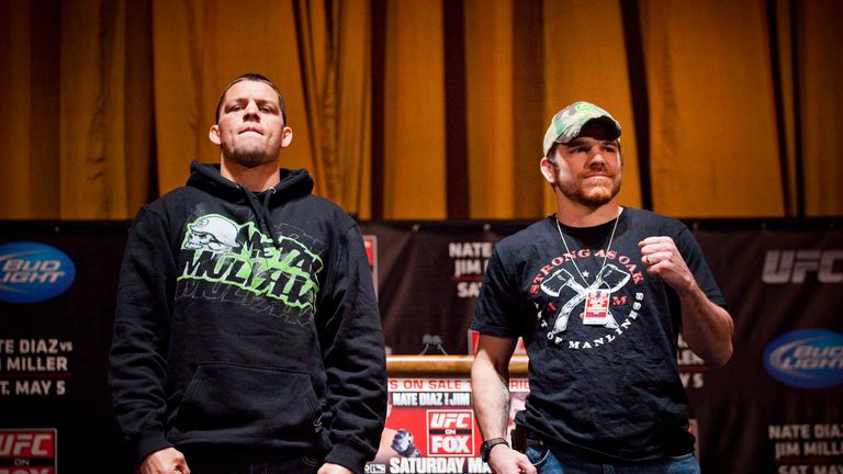 UFC lightweight Nate Diaz poses at a press conference at Radio City Music Hall