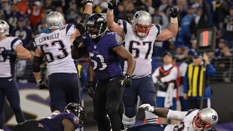 Running back LeGarrette Blount #29 of the New England Patriots scores a touchdown against the Baltimore Ravens