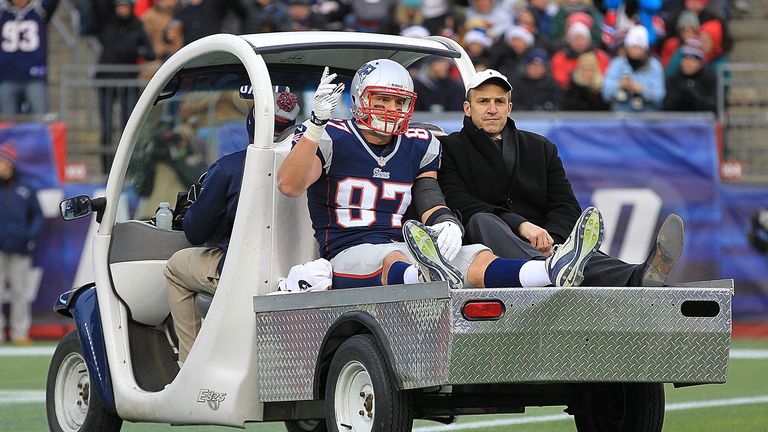 Rob Gronkowski of the New England Patriots leaves the field on a cart after being injured against the Cleveland Browns