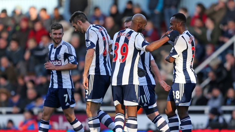 Nicolas Anelka of West Brom celebrates scoring against West Ham at Upton Park