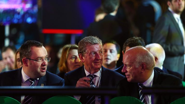 COSTA DO SAUIPE, BRAZIL - DECEMBER 06:  England manager Roy Hodgson and FA Chairman Greg Dyke (R) attend the Final Draw for the 2014 FIFA World Cup Brazil 