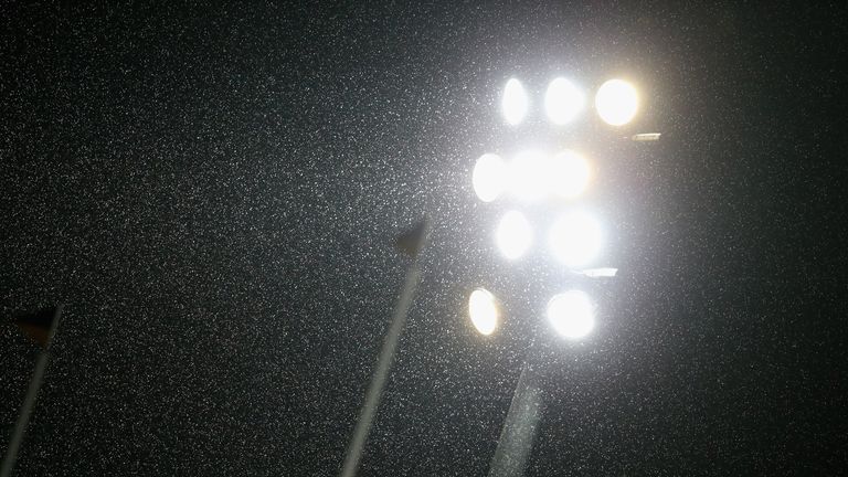 Rain pours down during the Amlin Challenge Cup match between Worcester Warriors and Perpignan at Sixways Stadium
