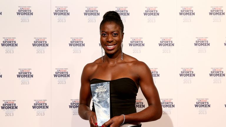 Christine Ohuruogu poses in the winners room after winning the Sportswoman of the Year award