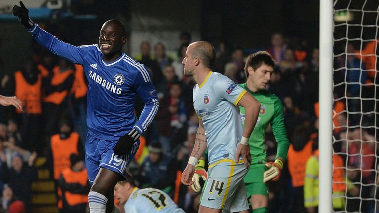 Chelsea's Demba Ba celebrates after scoring the opening goal during the UEFA Champions League group E football match Steaua Bucharest at Stamford Bridge.