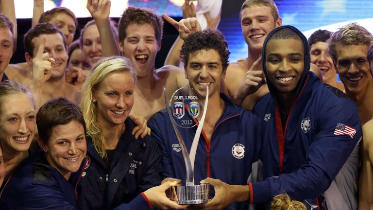 Team USA pose with the trophy after beating the European Allstars in the Duel in the Pool in Glasgow