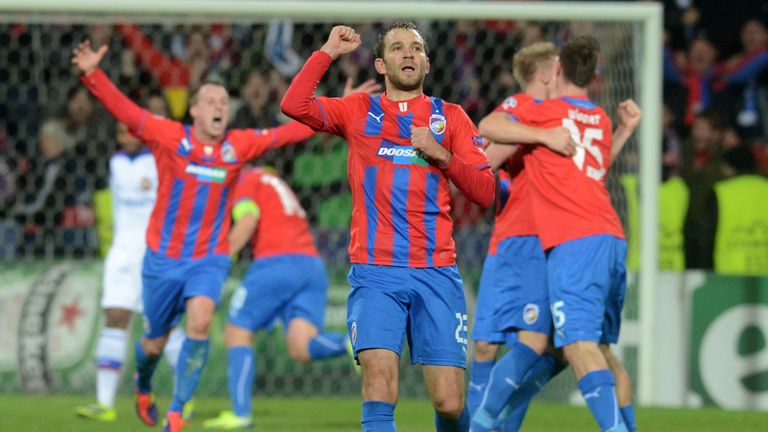 Plzen forward Tomas Wagner (C) celebrates with his teammates after the UEFA Champions League group D match Viktoria Plzen vs CSKA Moscow 