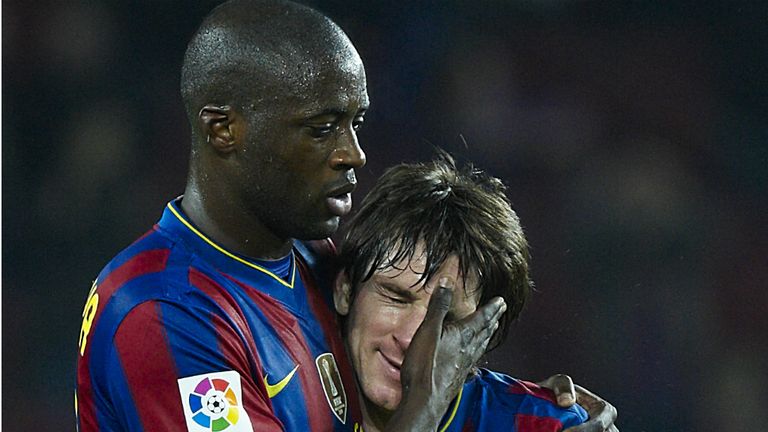 Former Barcelona midfielder Yaya Toure (l) would love to be reunited with Lionel Messi (r) at Manchester City