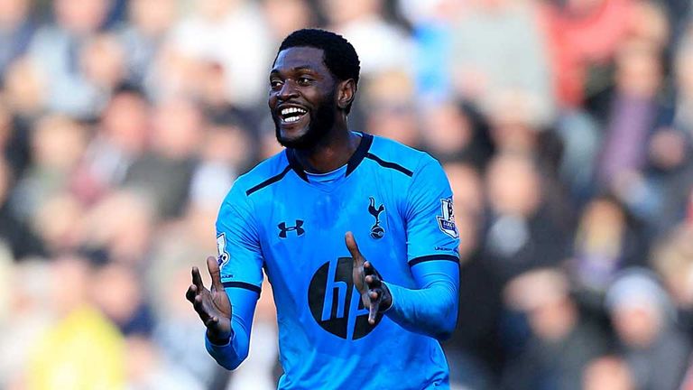 Emmanuel Adebayor: Spurs striker celebrates scoring in the win at Swansea